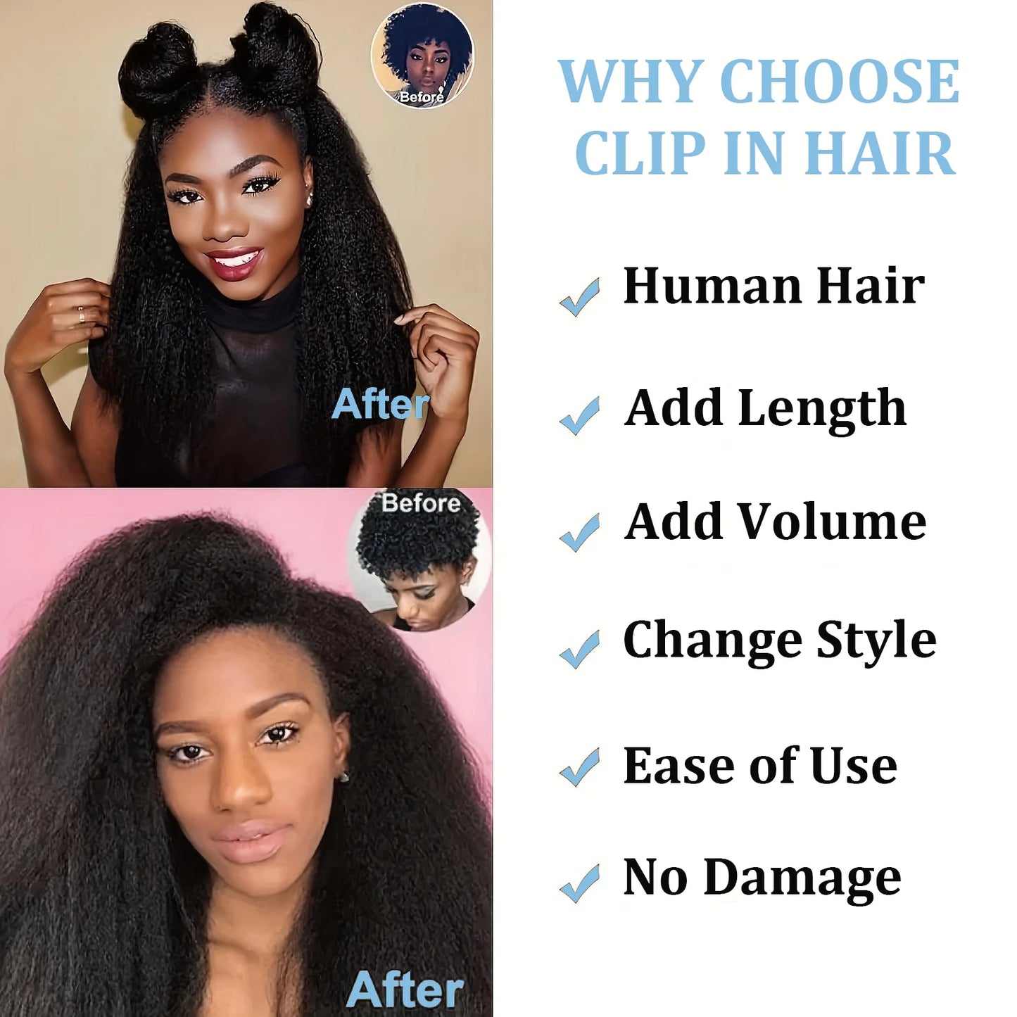 Kinky Straight Clip in Hair Extensions Seamless Clip ins Hair Extensions 16 Inch Real 100% Human Hair Straight Natural Color 1B