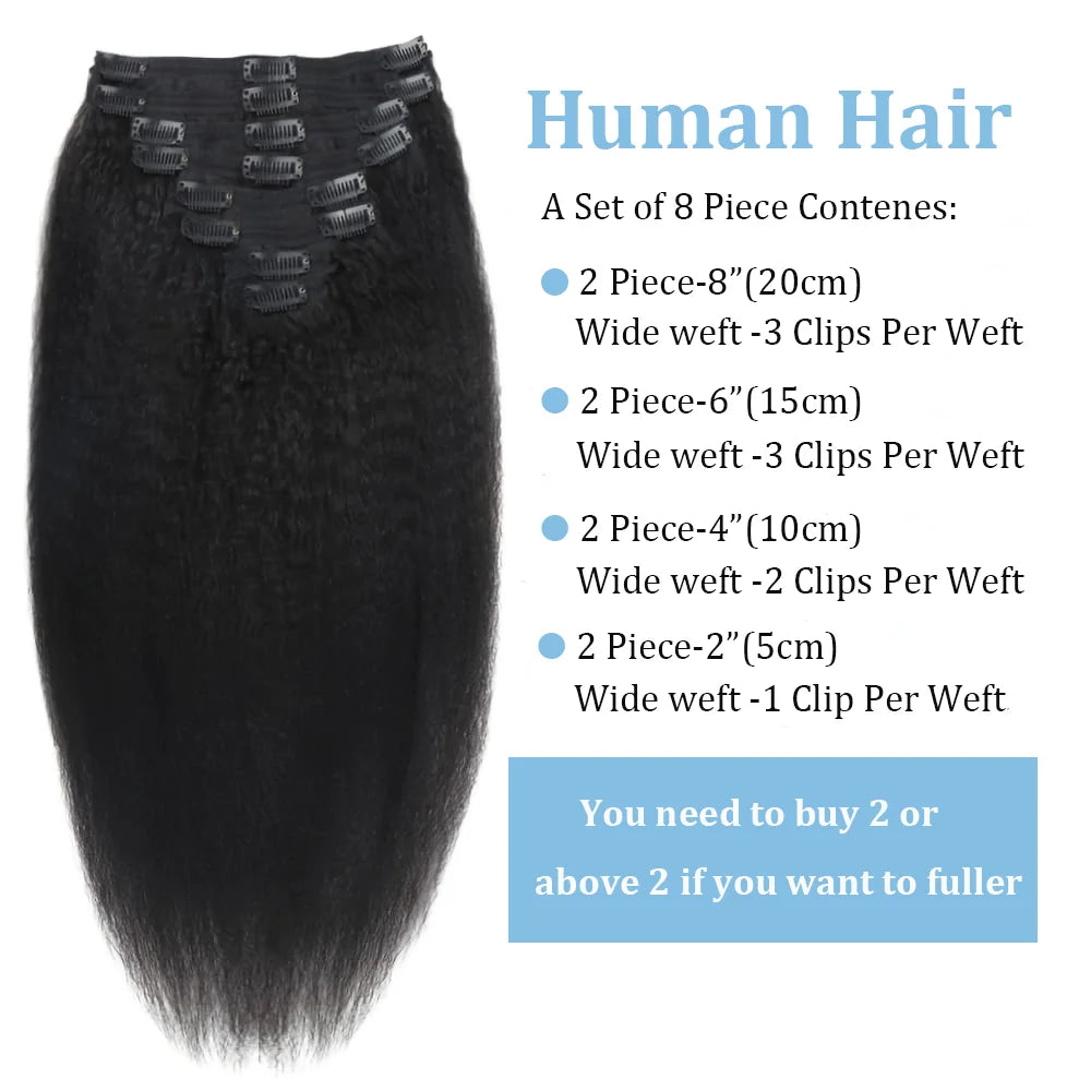 Kinky Straight Clip in Hair Extensions Seamless Clip ins Hair Extensions 16 Inch Real 100% Human Hair Straight Natural Color 1B
