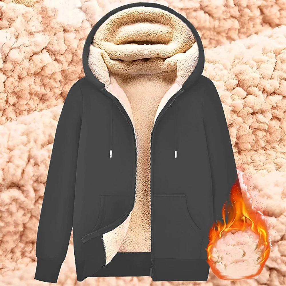 Trendy Sweatshirt Coat Front Pockets Warm Zipper Lamb Wool Jacket Men and Woman Winter Pure Color Plush Lined Cardigan Hoodie