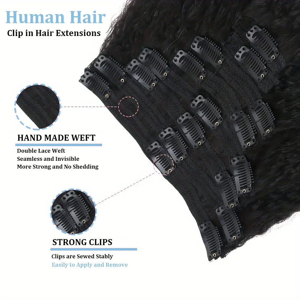 Kinky Straight Clip in Hair Extensions Seamless Clip ins Hair Extensions 16 Inch Real 100% Human Hair Straight Natural Color 1B