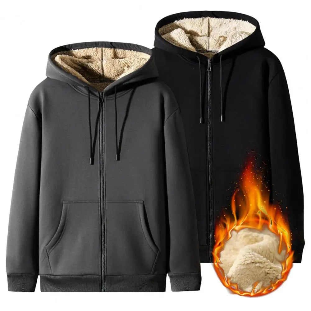 Trendy Sweatshirt Coat Front Pockets Warm Zipper Lamb Wool Jacket Men and Woman Winter Pure Color Plush Lined Cardigan Hoodie