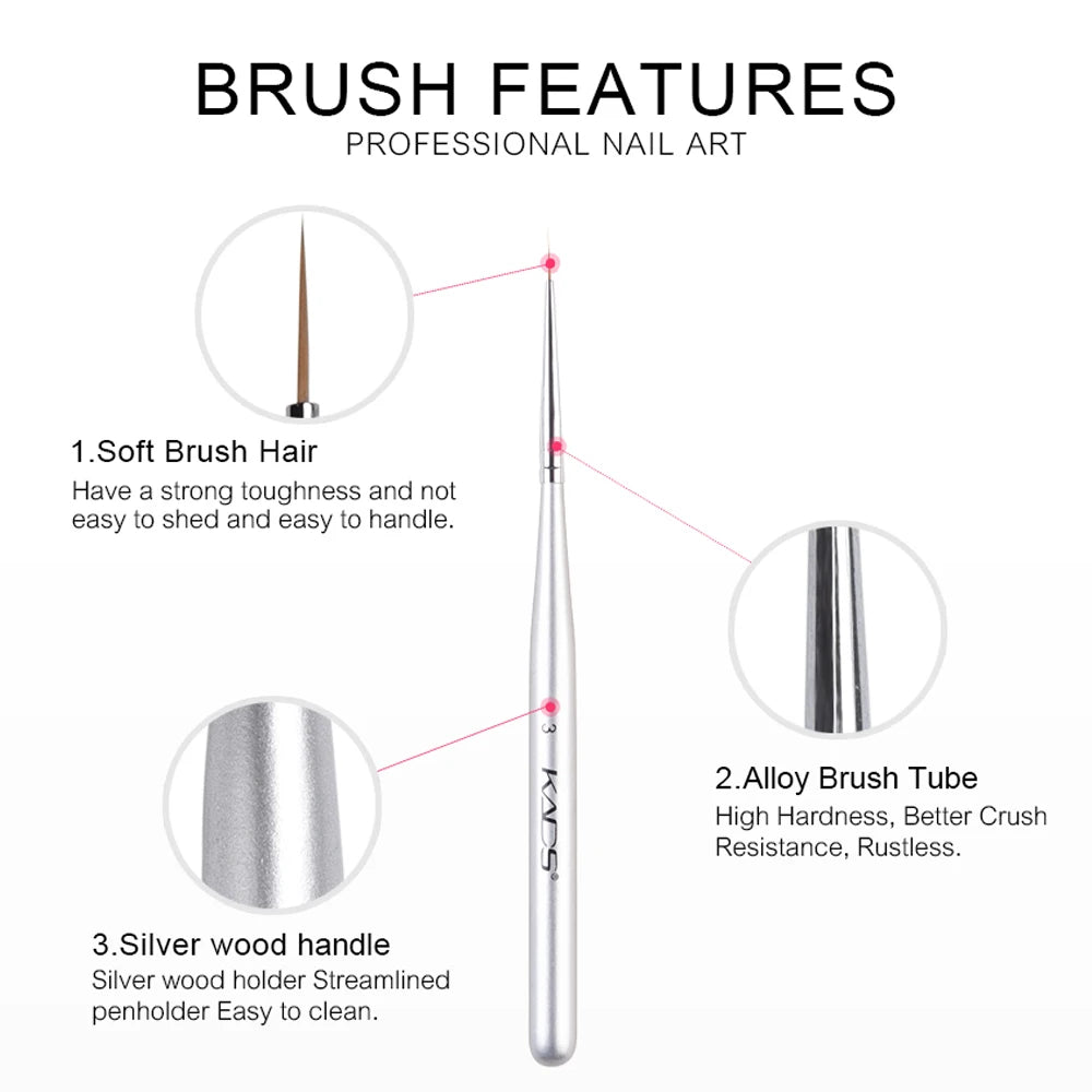 KADS 5*3Pcs Nail Art Liner Brush Set French Lines Stripe Flower Painting Pen Drawing Brush Wooden Handle Manicure Tools Silver