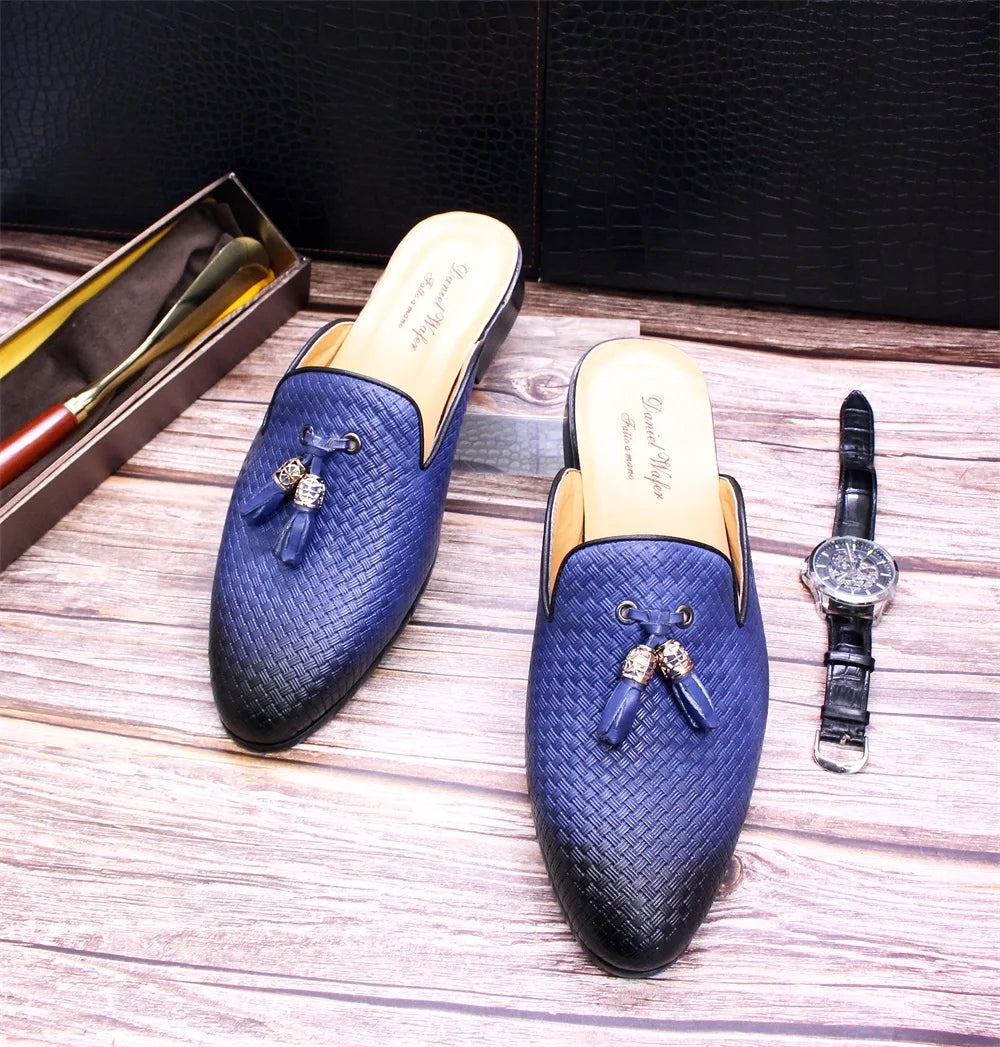 Luxury Brand Half Shoes for Men Genuine Leather Brown Blue Flat Mules Black Casual Shoes Mens Fashion Mocassin Homme Chaussure