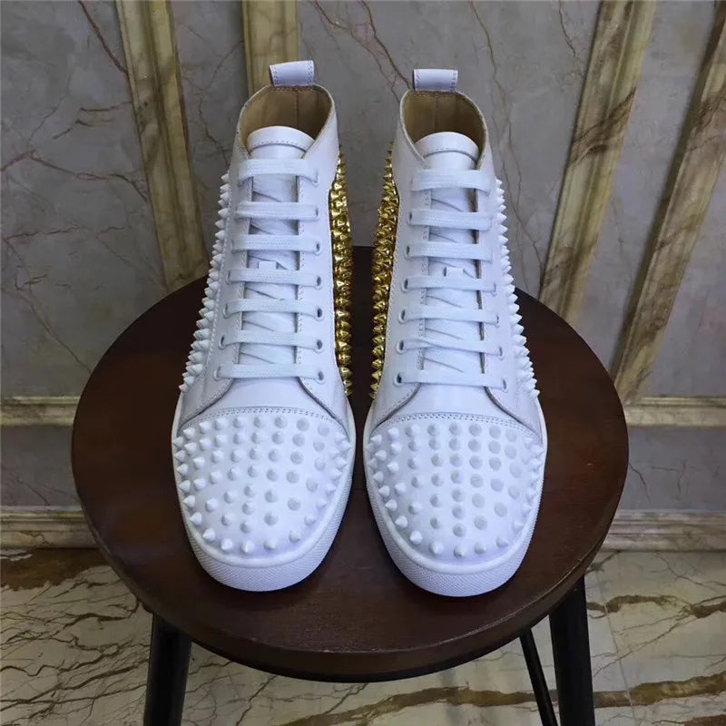 High Top Sneakers Men White Gold Spikes Men's Flats Shoes Casual Style Round Toe Tenis Masculine New Brand Designers Chaussures
