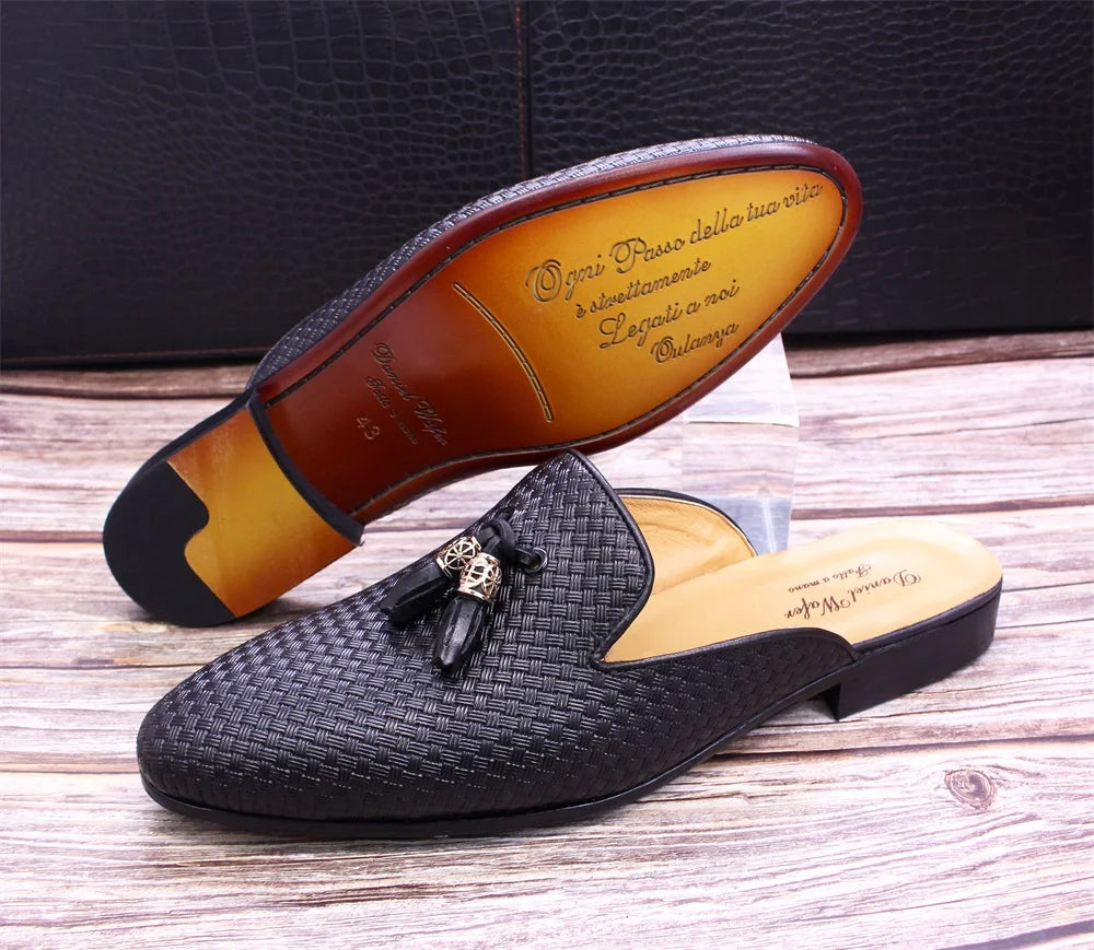 Luxury Brand Half Shoes for Men Genuine Leather Brown Blue Flat Mules Black Casual Shoes Mens Fashion Mocassin Homme Chaussure
