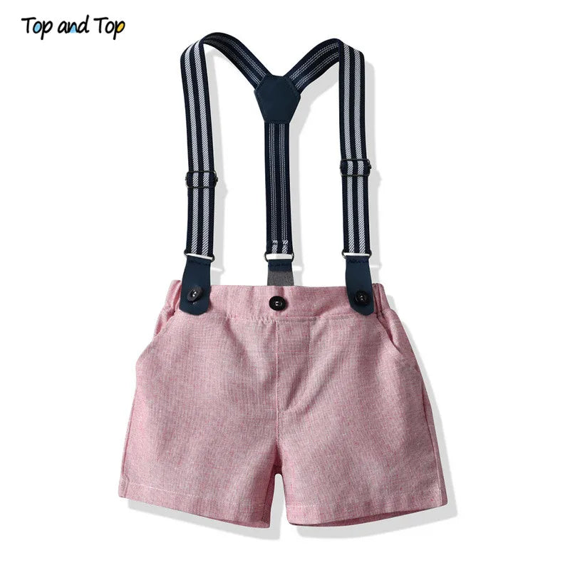 Top and Top Summer Kids Baby Boy Formal Suit Short Sleeve with Shirt+Suspender Pants Casual Clothes Outfit Gentleman Set 2PCS