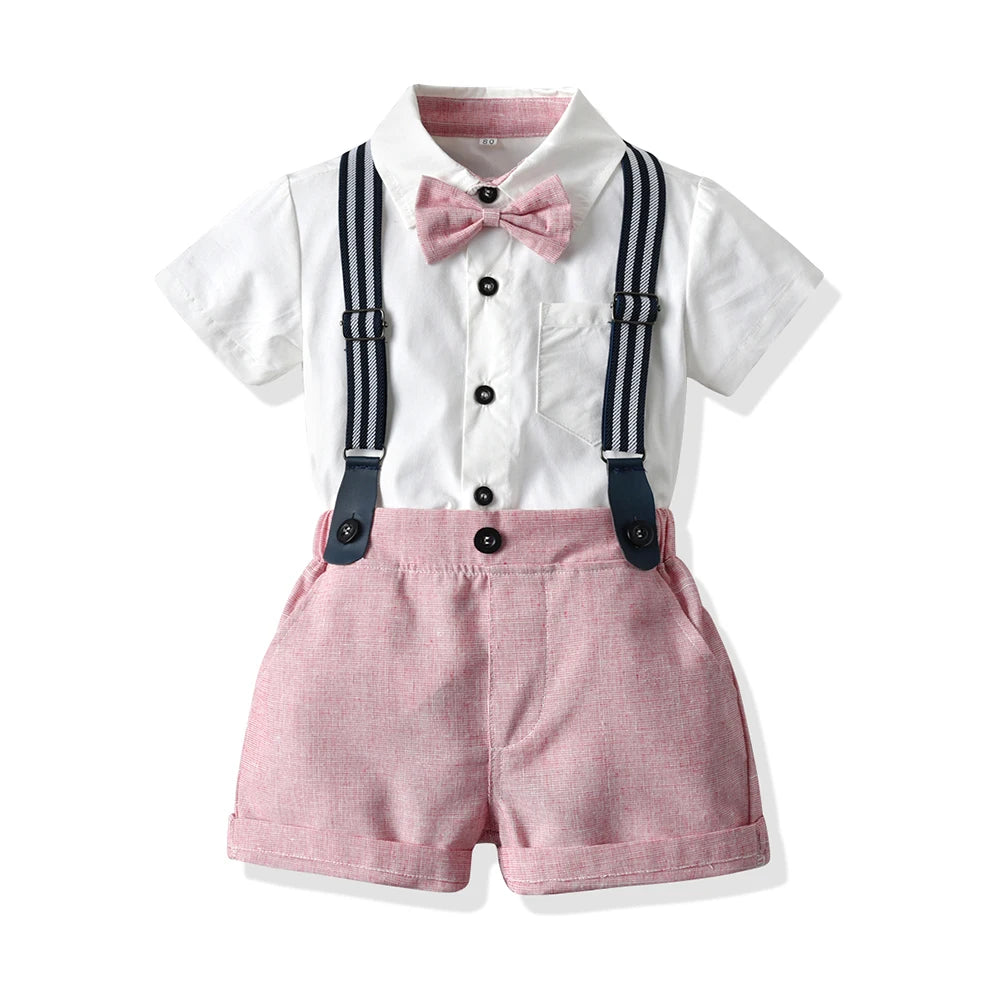 Top and Top Summer Kids Baby Boy Formal Suit Short Sleeve with Shirt+Suspender Pants Casual Clothes Outfit Gentleman Set 2PCS