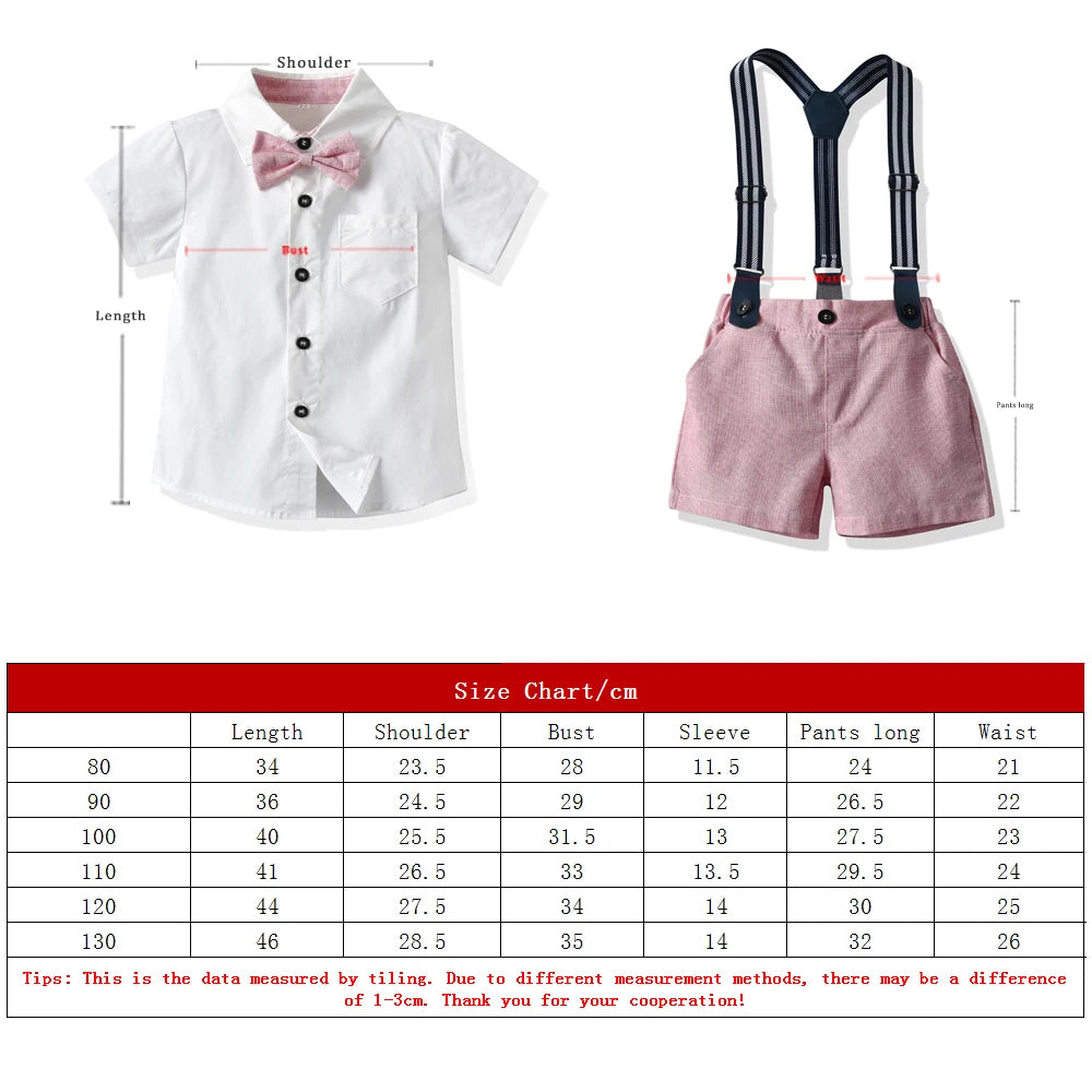 Top and Top Summer Kids Baby Boy Formal Suit Short Sleeve with Shirt+Suspender Pants Casual Clothes Outfit Gentleman Set 2PCS