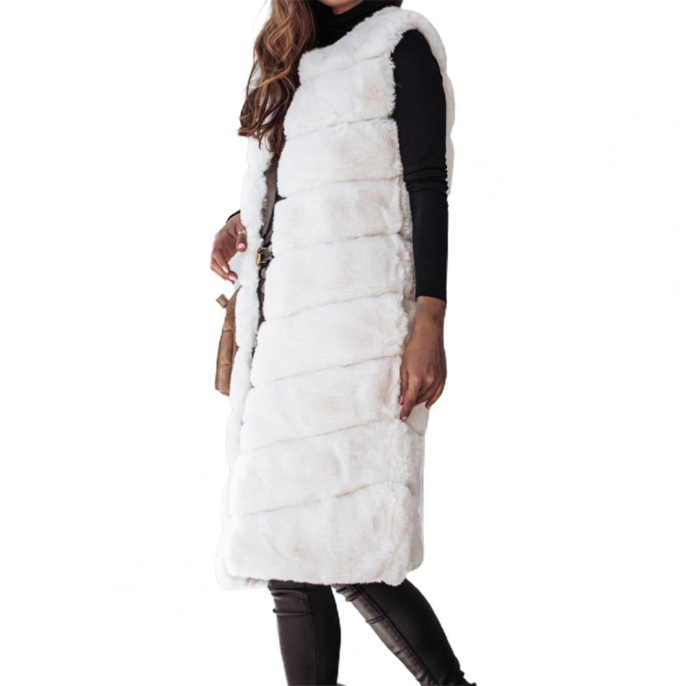 Autumn Winter Women Jacket Vest Solid Color Round Neck Faux Fur Coat Thick Crew Neck Outerwear Plush Jacket for Women