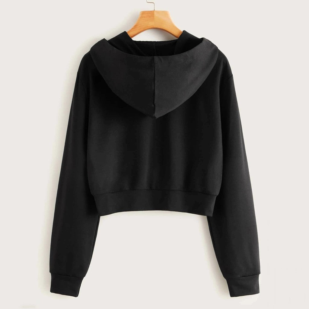 Draw String Zip Up Cropped Hoodies For Teen Girls Black White Gray Hooded Sweatshirts Harajuku Korean Fashion Crop Tops Jackets