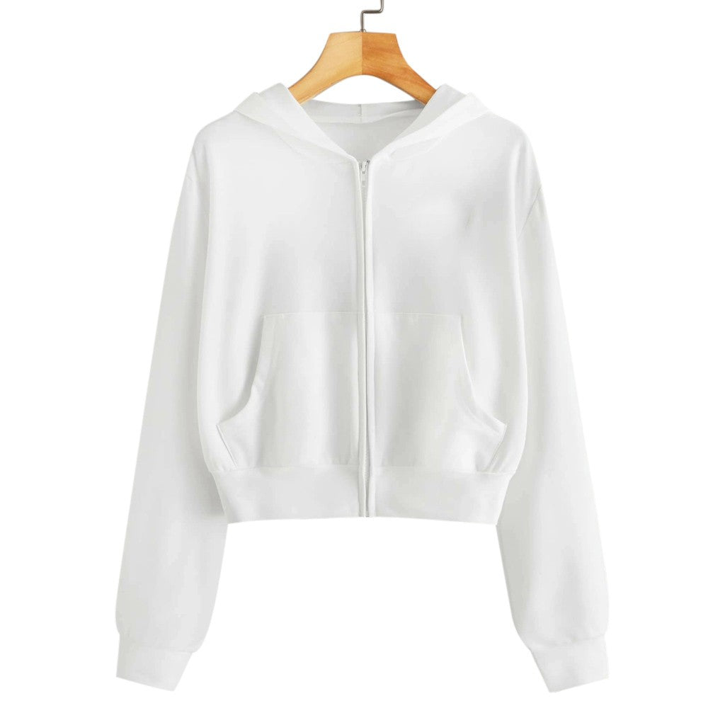 Draw String Zip Up Cropped Hoodies For Teen Girls Black White Gray Hooded Sweatshirts Harajuku Korean Fashion Crop Tops Jackets