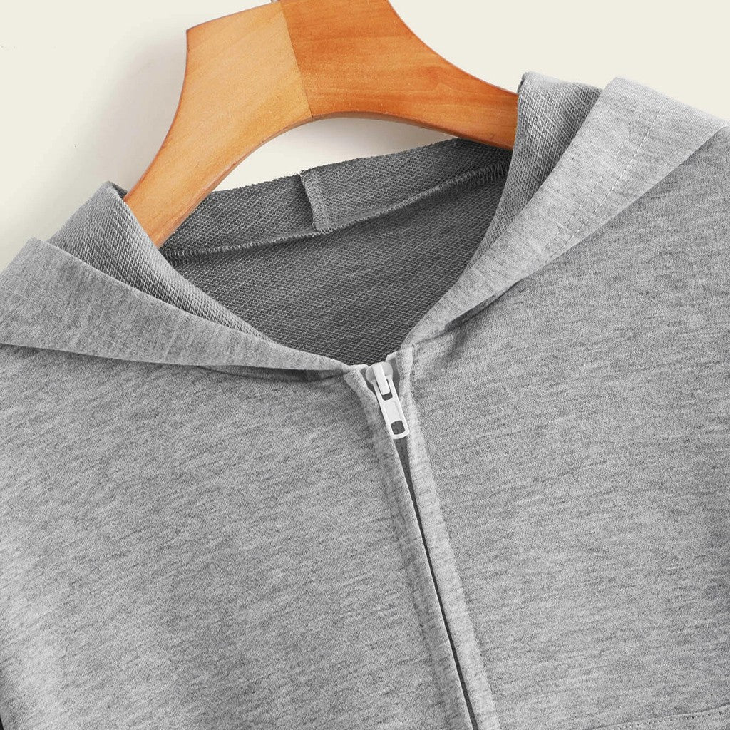 Draw String Zip Up Cropped Hoodies For Teen Girls Black White Gray Hooded Sweatshirts Harajuku Korean Fashion Crop Tops Jackets