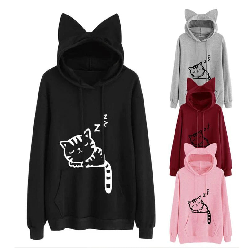 New Women Hoodies Sweatshirt Kawaii Pink Winter Cat Pattern Long Sleeve Hooded Sweatshirts Harajuku