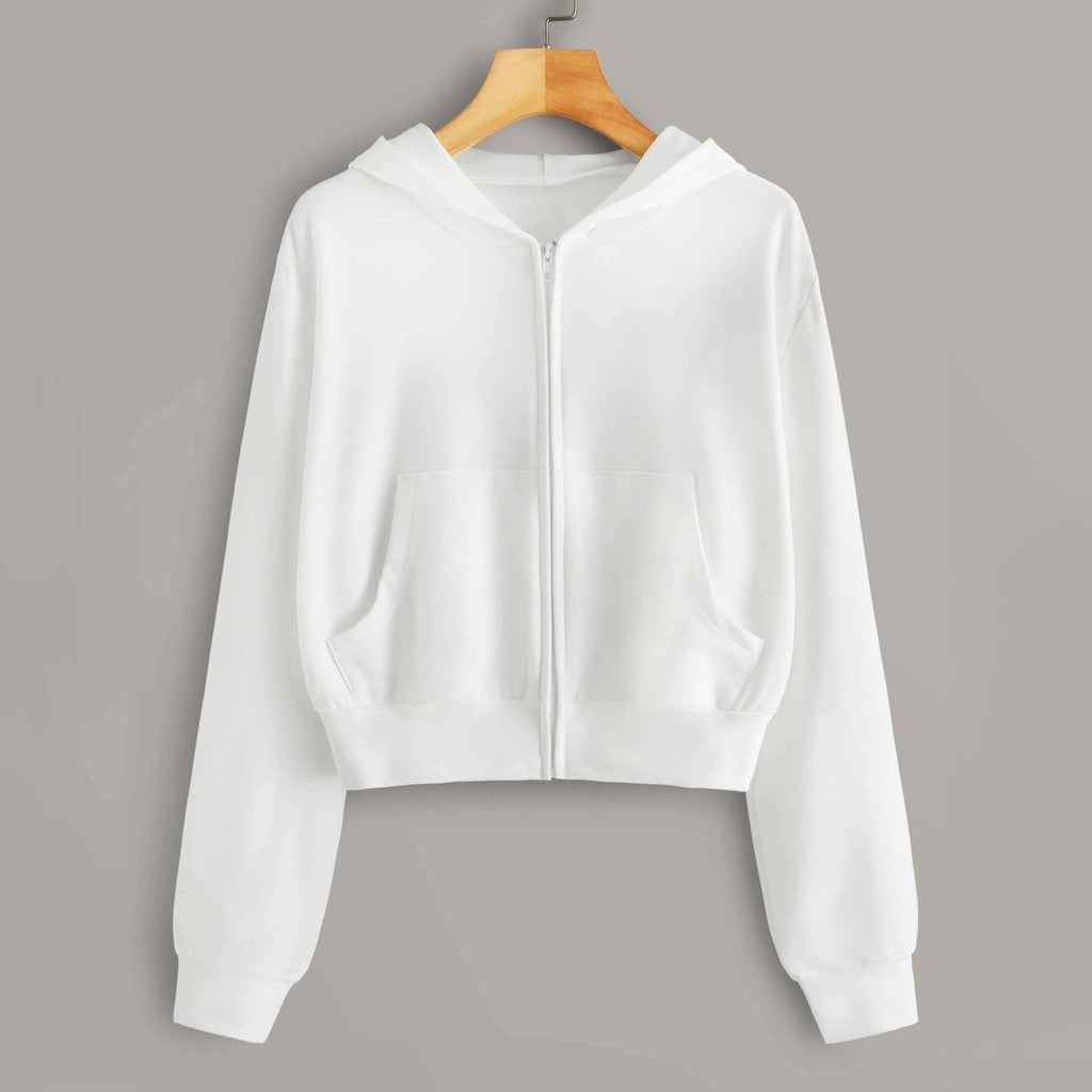 Draw String Zip Up Cropped Hoodies For Teen Girls Black White Gray Hooded Sweatshirts Harajuku Korean Fashion Crop Tops Jackets