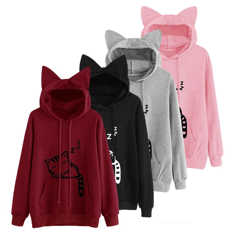 New Women Hoodies Sweatshirt Kawaii Pink Winter Cat Pattern Long Sleeve Hooded Sweatshirts Harajuku