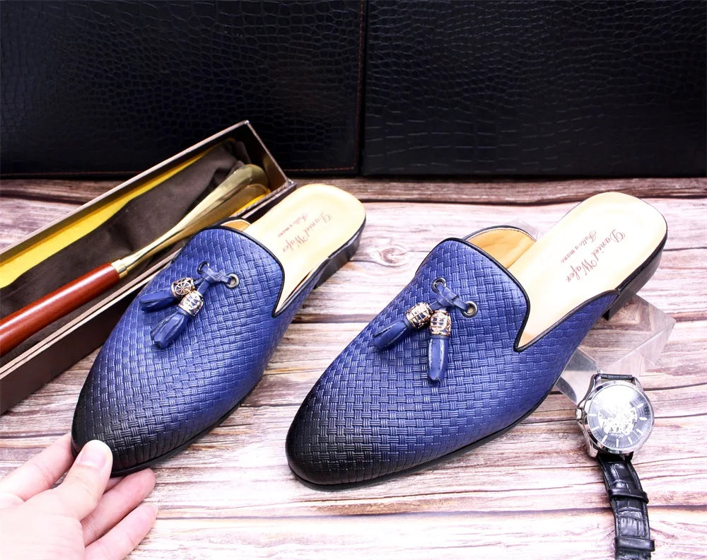 Luxury Brand Half Shoes for Men Genuine Leather Brown Blue Flat Mules Black Casual Shoes Mens Fashion Mocassin Homme Chaussure