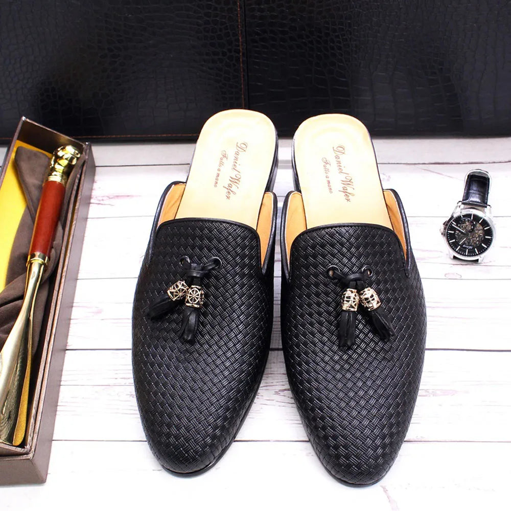 Luxury Brand Half Shoes for Men Genuine Leather Brown Blue Flat Mules Black Casual Shoes Mens Fashion Mocassin Homme Chaussure