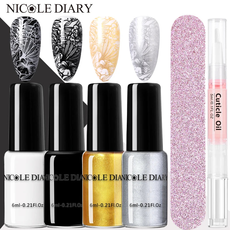 NICOLE DIARY 6pcs Nail Stamping Polish Cuticle Oil Nail File Set 4/2pcs Stamp Printing Nail Art Lacquers DIY Stamping Tool Kits