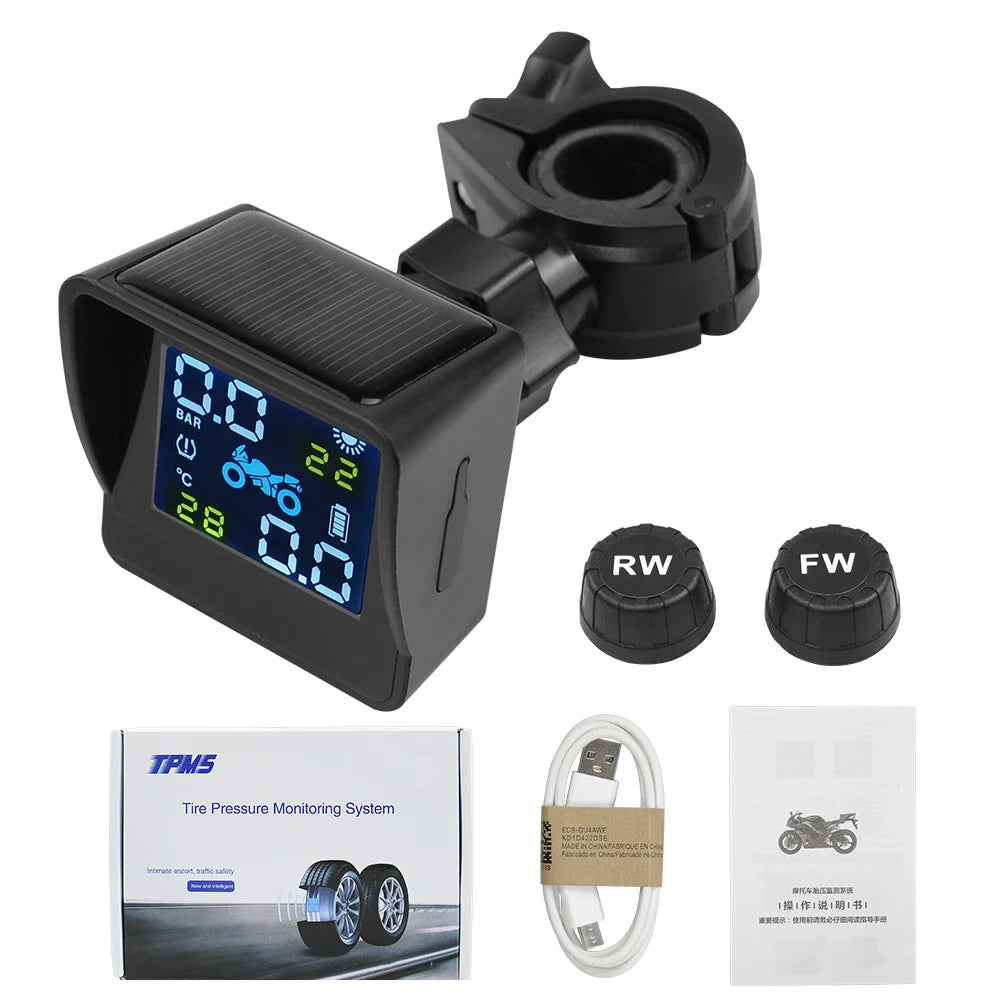 Best quality USB Solar Charging Motorcycle TPMS Motor Tire Pressure Tyre Temperature Monitoring Alarm System with 2 External