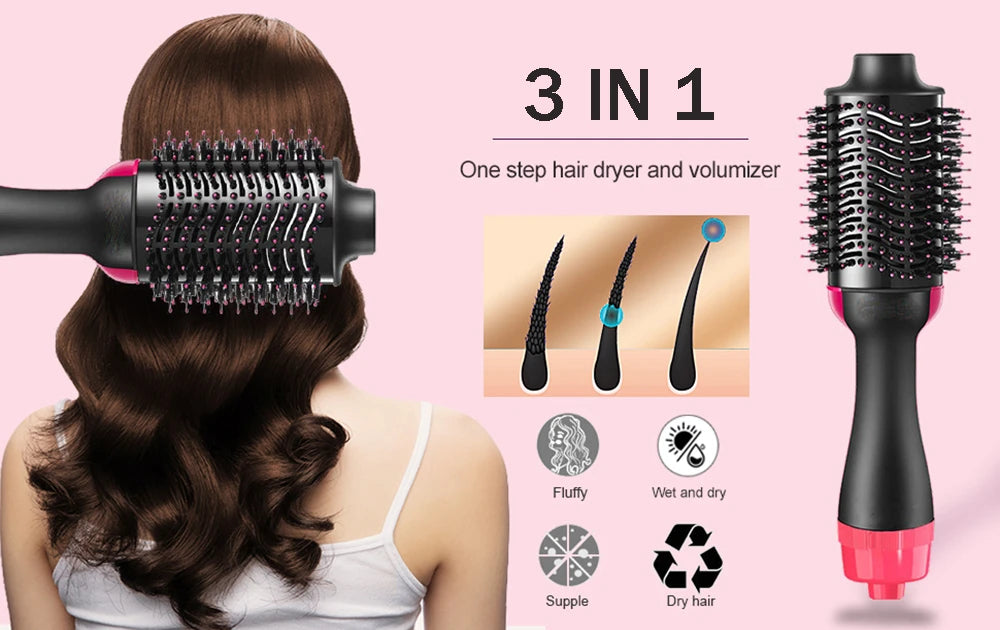 3 In 1 Electric Hair Straightener Brush Hair Curler Hair Dryer Brush Rotating Hot Air Comb Negative Ion Hair Styler Comb