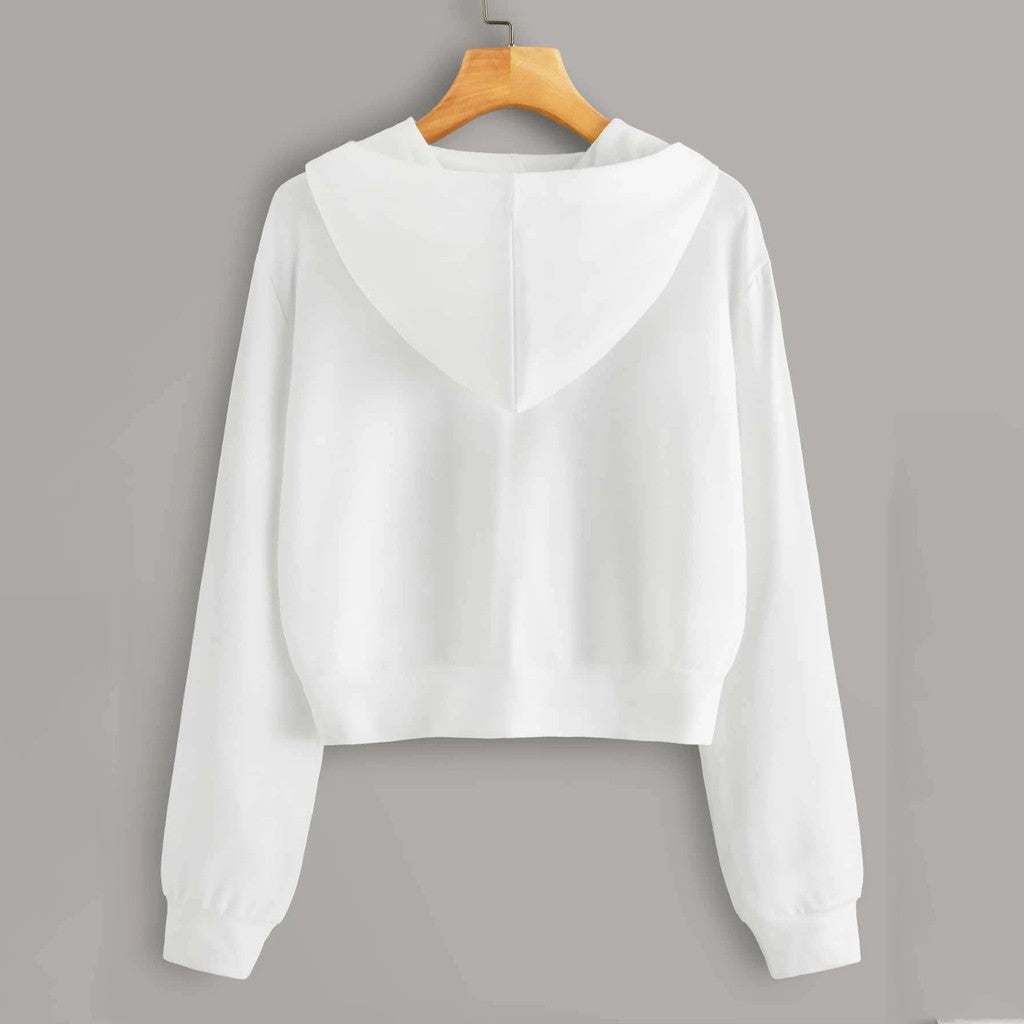 Draw String Zip Up Cropped Hoodies For Teen Girls Black White Gray Hooded Sweatshirts Harajuku Korean Fashion Crop Tops Jackets