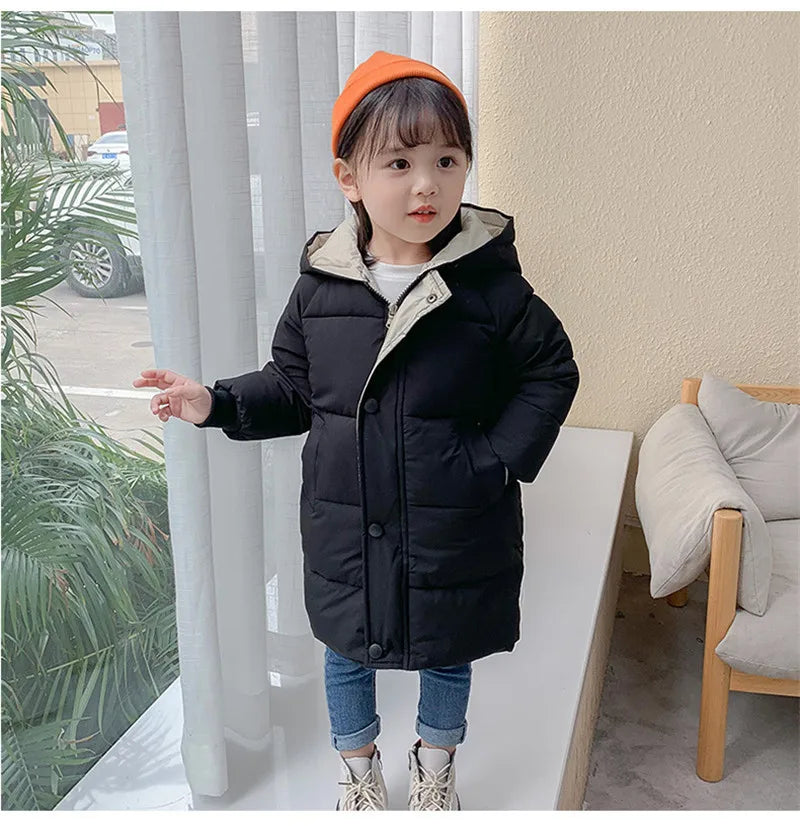 4-10 Years Boys Long Down Jackets Winter Kids Girls Thick Warm Hooded Outerwear Children Waistcoat Coat Fashion Casual Clothing