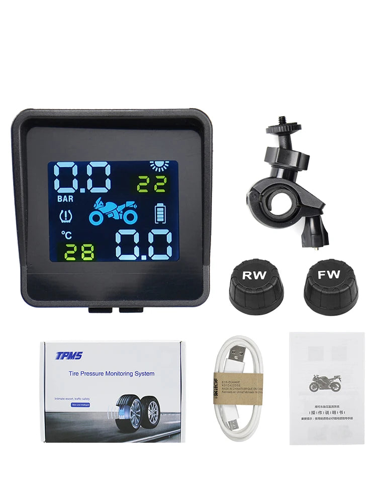 Best quality USB Solar Charging Motorcycle TPMS Motor Tire Pressure Tyre Temperature Monitoring Alarm System with 2 External