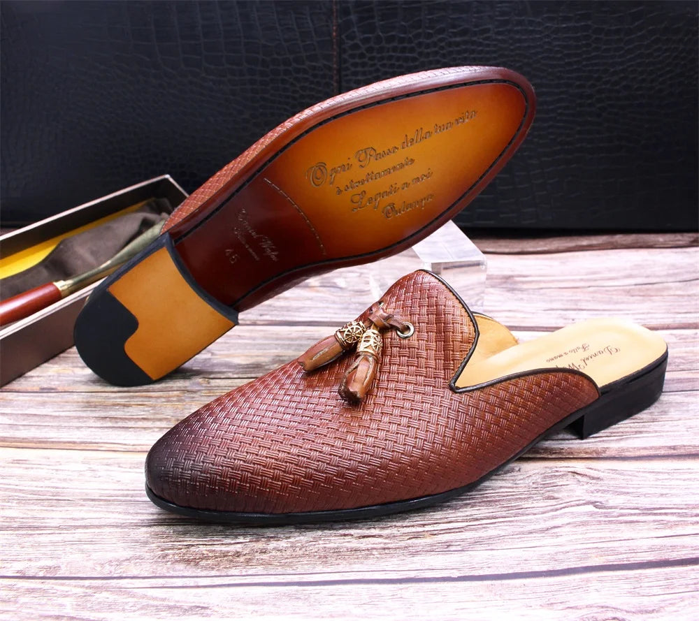Luxury Brand Half Shoes for Men Genuine Leather Brown Blue Flat Mules Black Casual Shoes Mens Fashion Mocassin Homme Chaussure