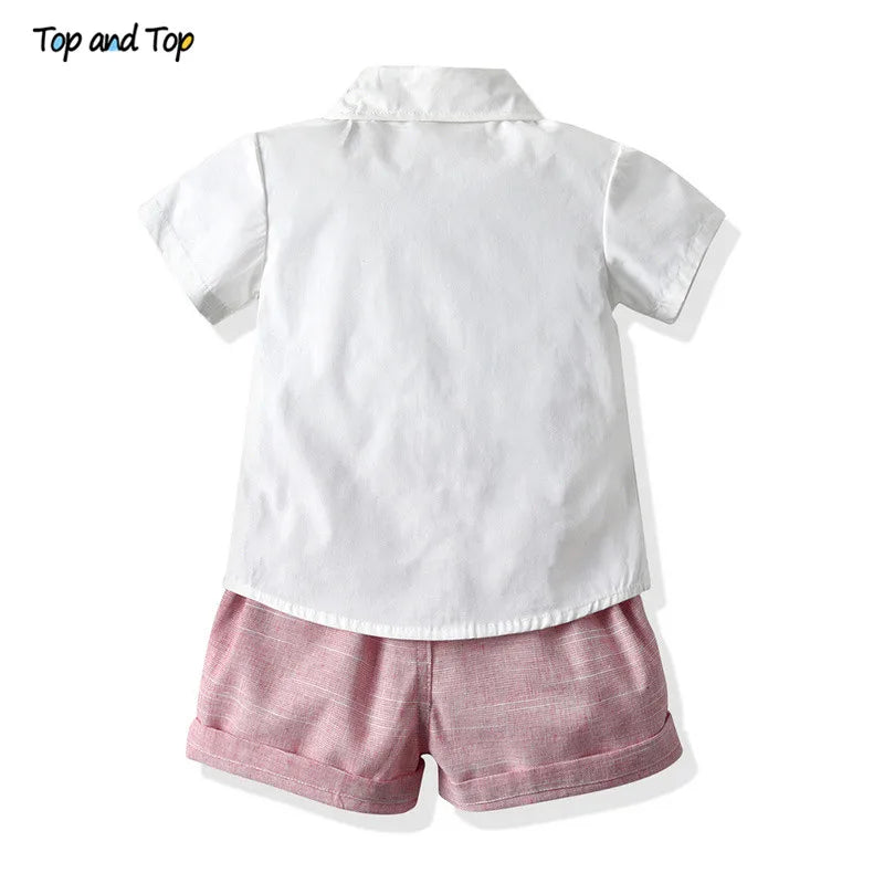 Top and Top Summer Kids Baby Boy Formal Suit Short Sleeve with Shirt+Suspender Pants Casual Clothes Outfit Gentleman Set 2PCS