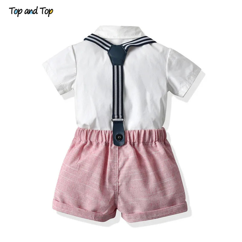 Top and Top Summer Kids Baby Boy Formal Suit Short Sleeve with Shirt+Suspender Pants Casual Clothes Outfit Gentleman Set 2PCS