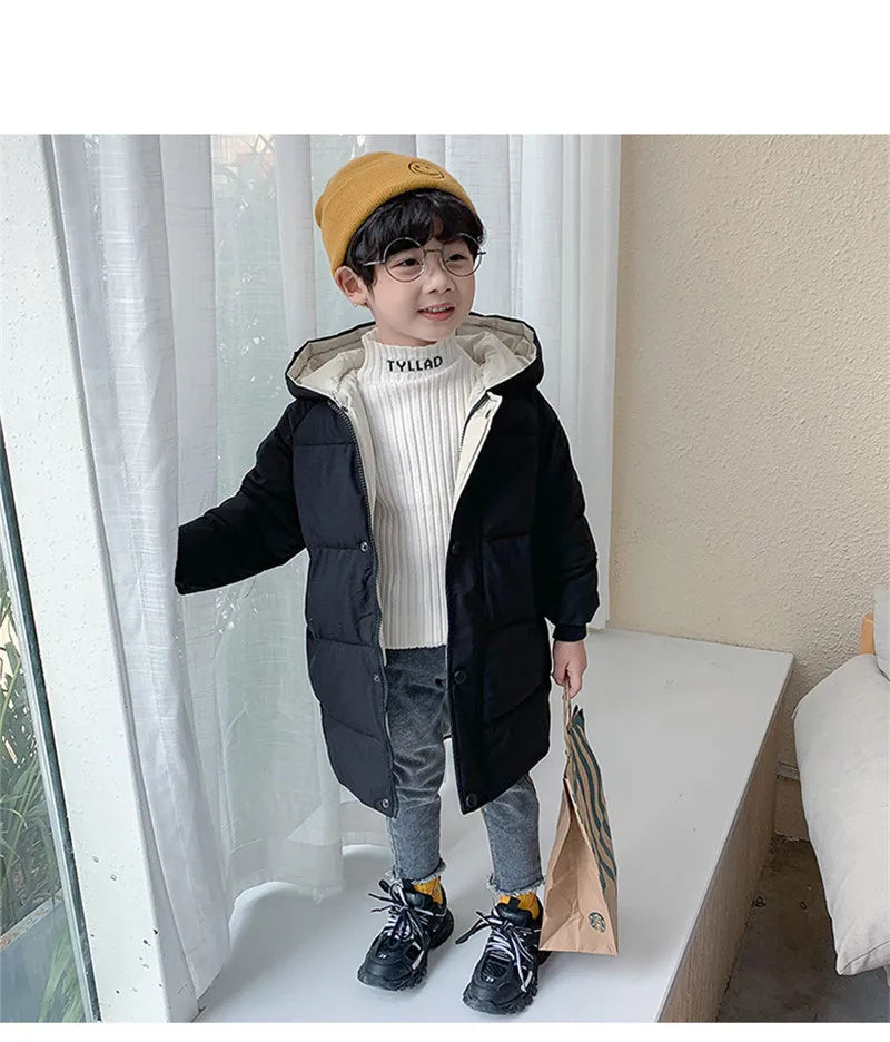 4-10 Years Boys Long Down Jackets Winter Kids Girls Thick Warm Hooded Outerwear Children Waistcoat Coat Fashion Casual Clothing