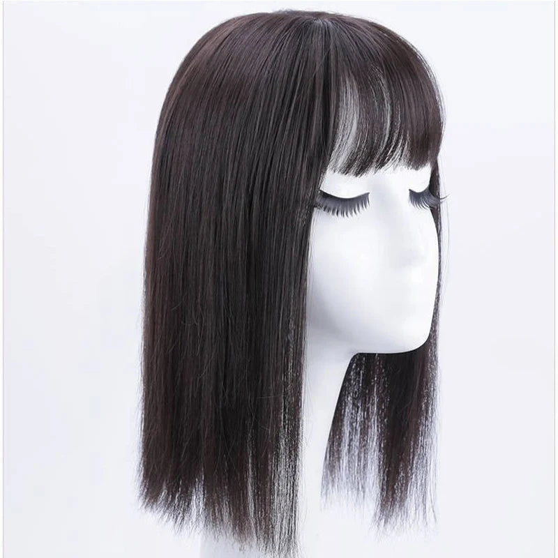 AOOSOO Long Straight Hair with Black Brown Hairpin Bangs High Temperature Fiber Hair Topper Clip In hair Extensions 2styles