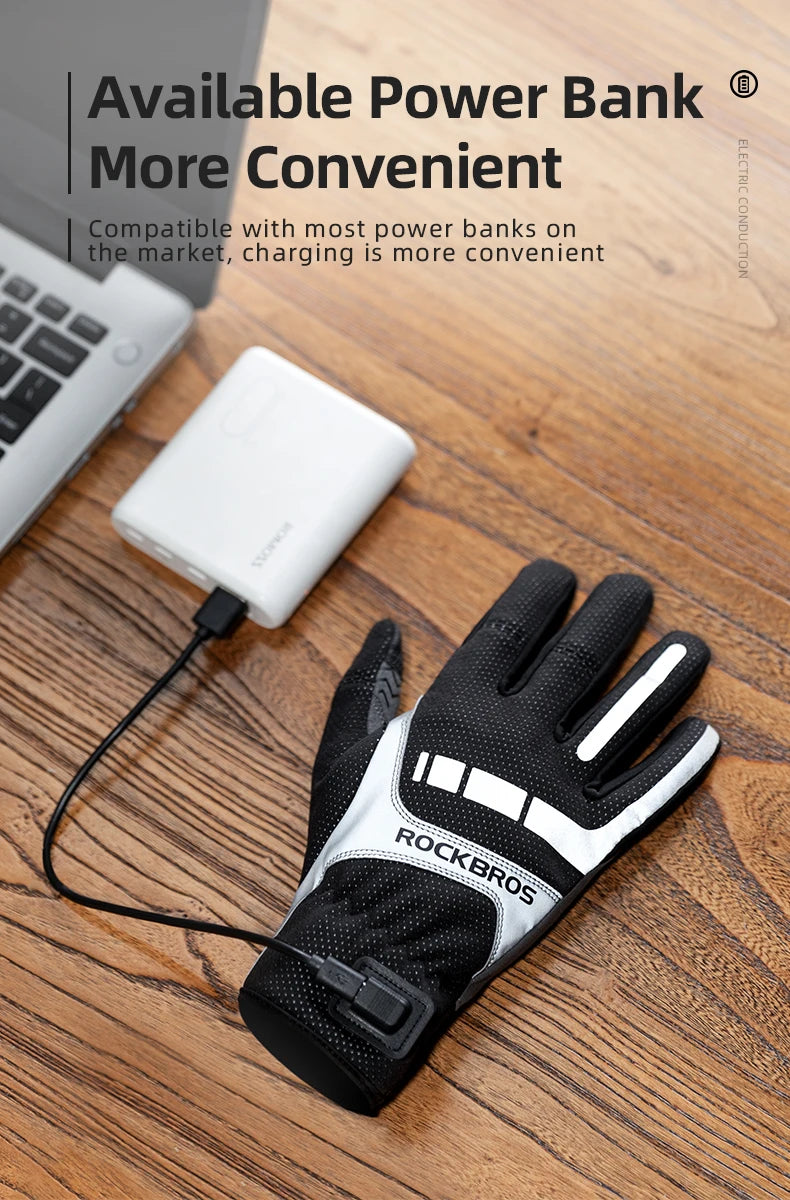 ROCKBROS Heated Winter Glove Cycling Gloves USB Electric Rechargeable Ski Gloves Touchscreen Motorcycle Riding Hiking Snow Glove