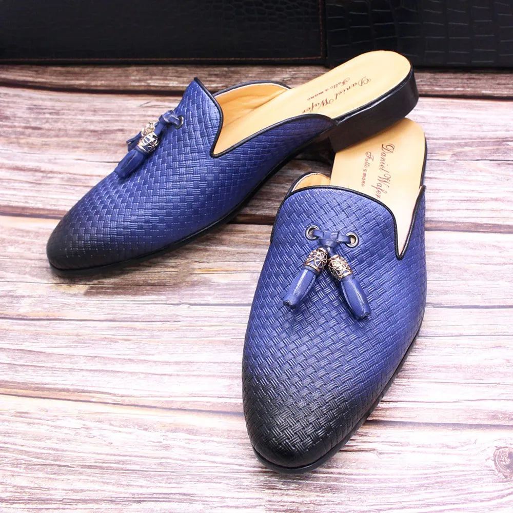 Luxury Brand Half Shoes for Men Genuine Leather Brown Blue Flat Mules Black Casual Shoes Mens Fashion Mocassin Homme Chaussure