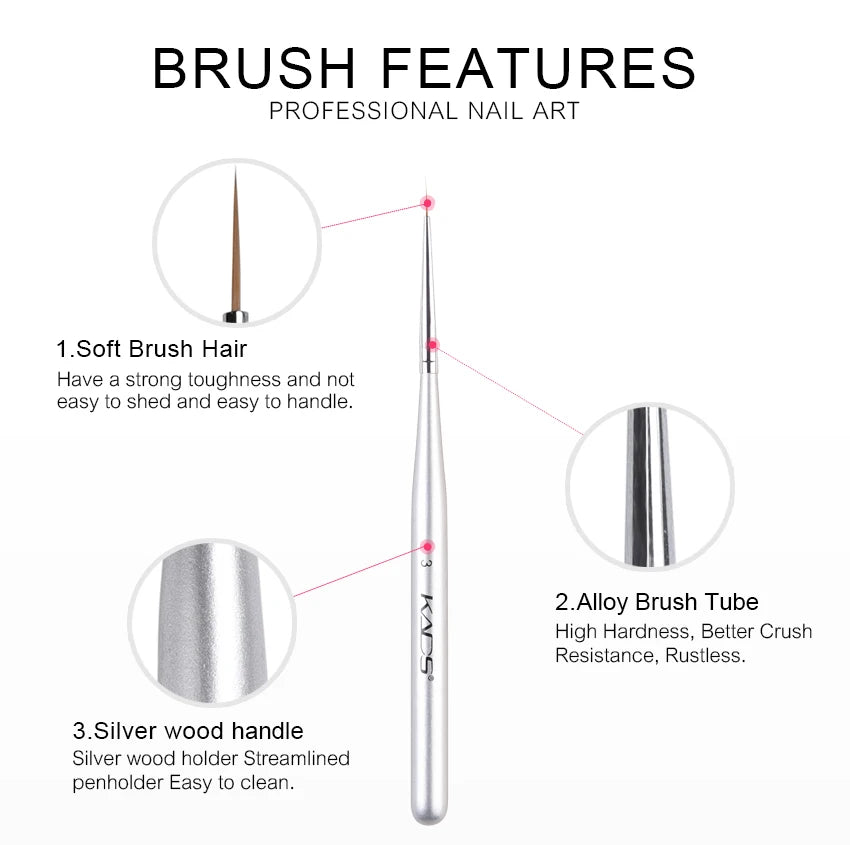 KADS 5*3Pcs Nail Art Liner Brush Set French Lines Stripe Flower Painting Pen Drawing Brush Wooden Handle Manicure Tools Silver