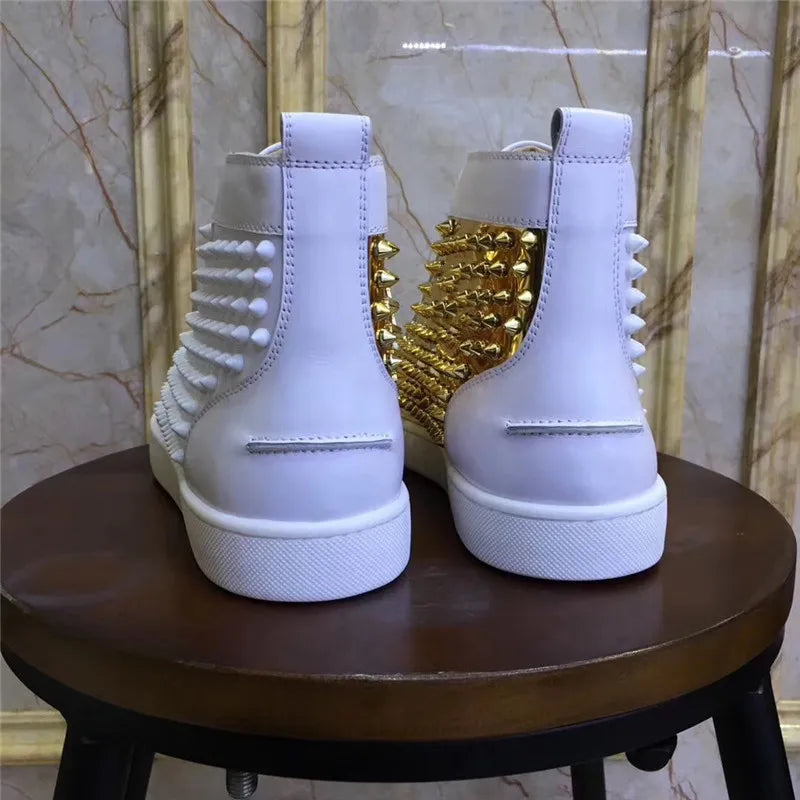 High Top Sneakers Men White Gold Spikes Men's Flats Shoes Casual Style Round Toe Tenis Masculine New Brand Designers Chaussures