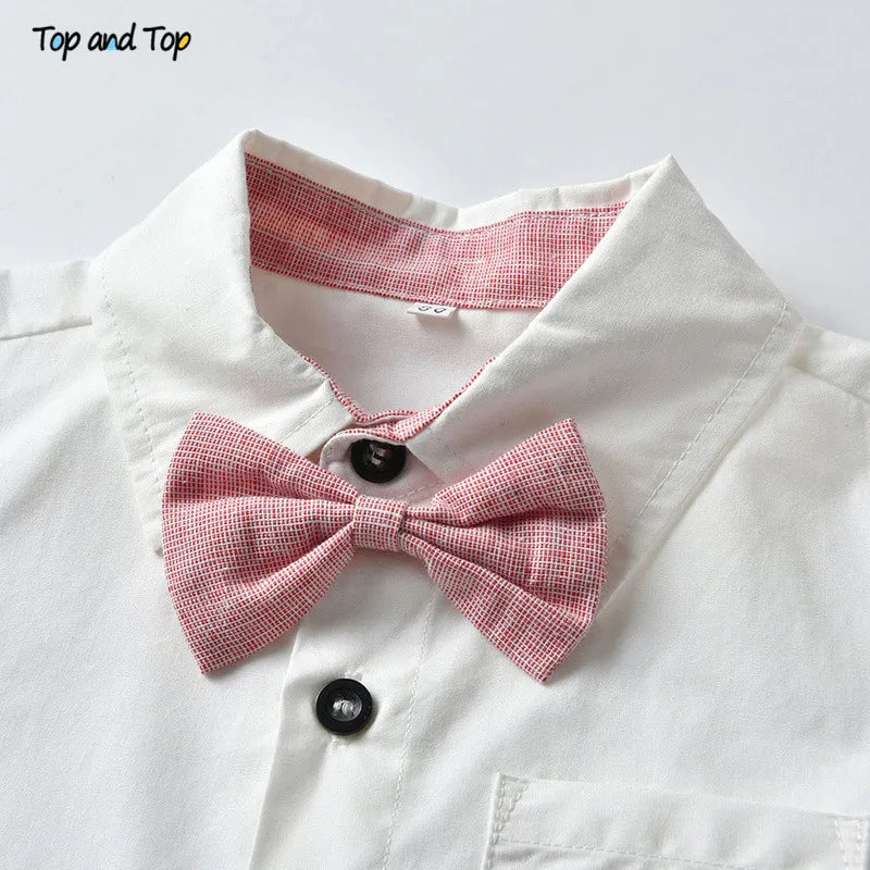 Top and Top Summer Kids Baby Boy Formal Suit Short Sleeve with Shirt+Suspender Pants Casual Clothes Outfit Gentleman Set 2PCS