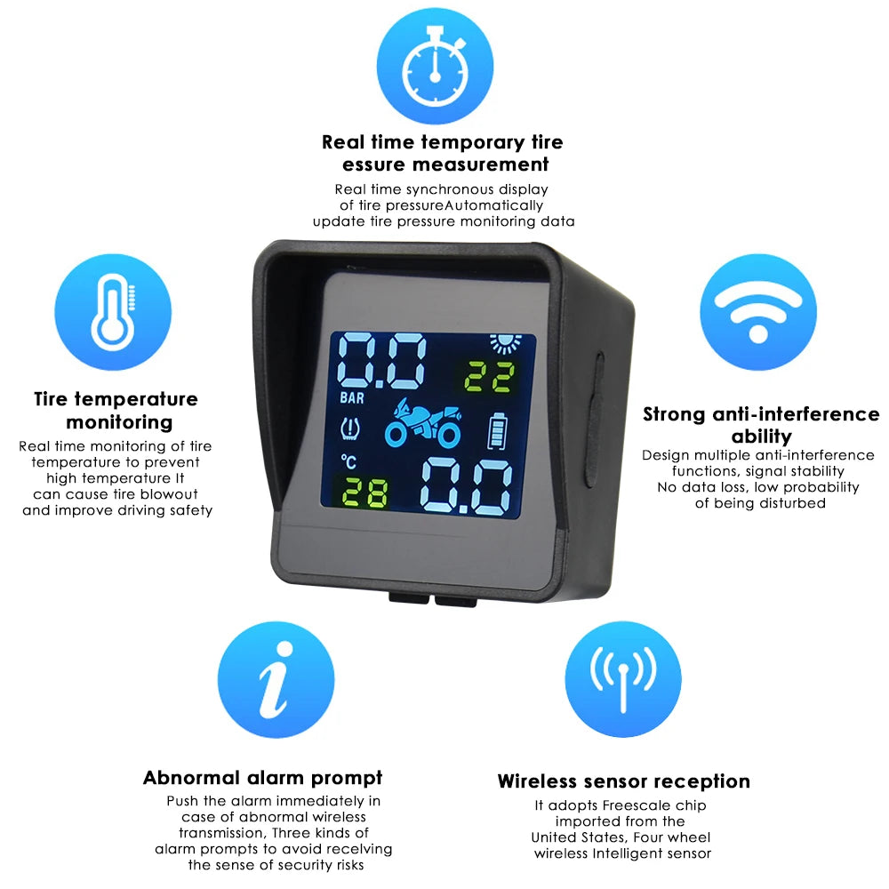 Best quality USB Solar Charging Motorcycle TPMS Motor Tire Pressure Tyre Temperature Monitoring Alarm System with 2 External