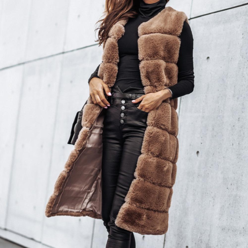 Autumn Winter Women Jacket Vest Solid Color Round Neck Faux Fur Coat Thick Crew Neck Outerwear Plush Jacket for Women