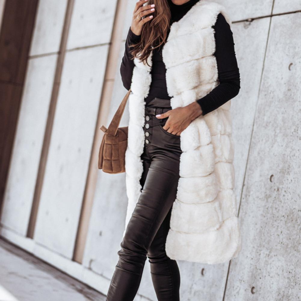 Autumn Winter Women Jacket Vest Solid Color Round Neck Faux Fur Coat Thick Crew Neck Outerwear Plush Jacket for Women