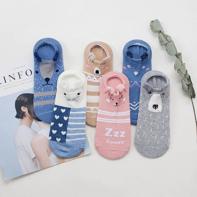 5 pairs women cotton socks stereoscopic Cute Animal Female Kawaii Cat With Dog Summer Short Socks Women Casual Soft Funny Socks