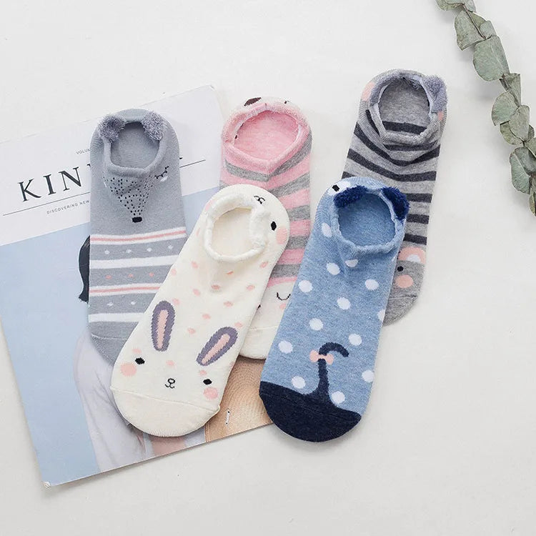 5 pairs women cotton socks stereoscopic Cute Animal Female Kawaii Cat With Dog Summer Short Socks Women Casual Soft Funny Socks