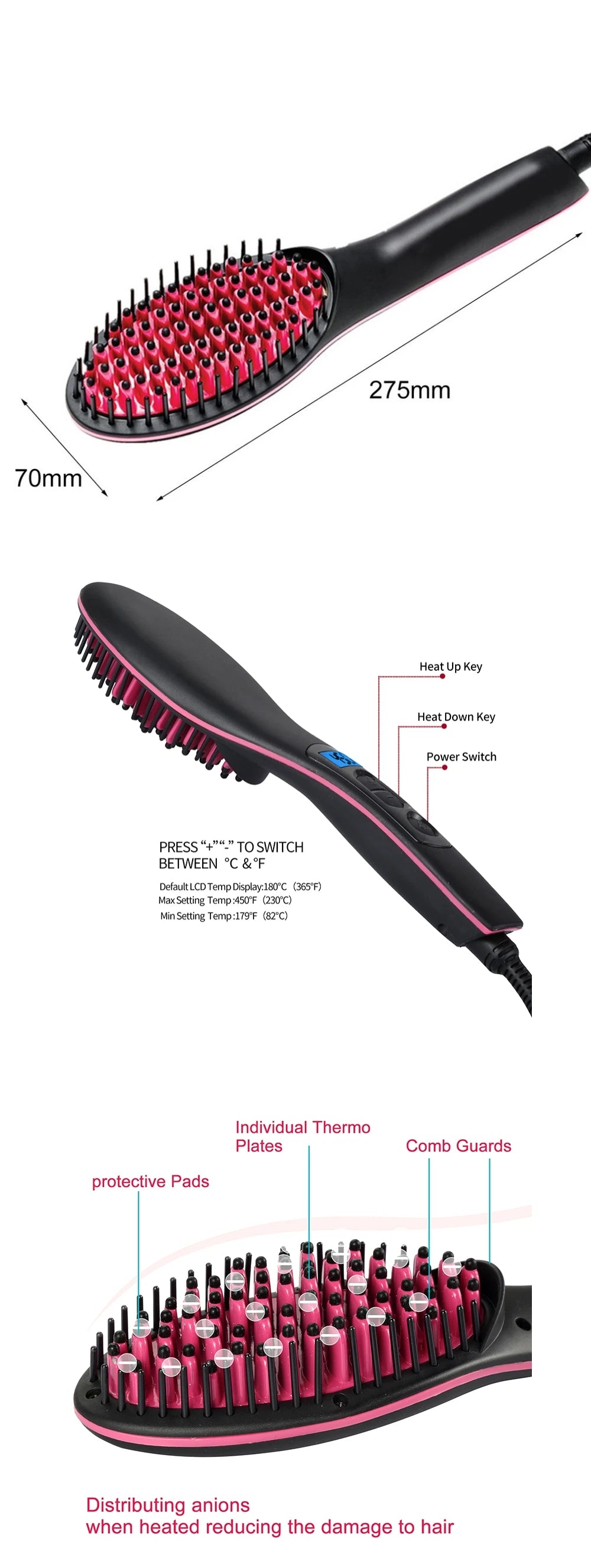 Portable Size Handheld lCD Display Ceramic Electric Hair Brush Fast Straightening irons Comb Degital Control