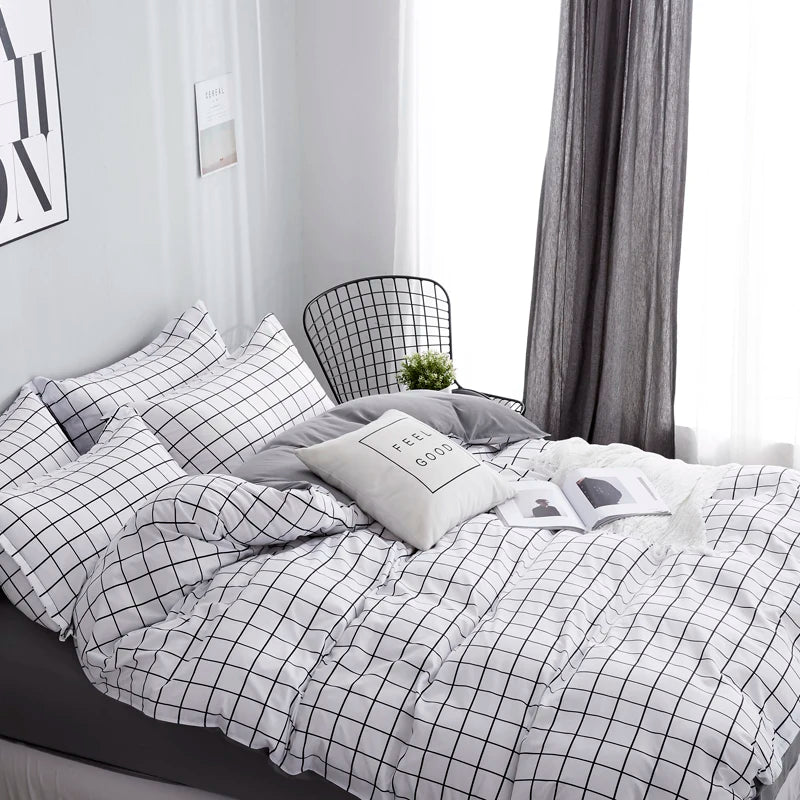Bonenjoy Queen Size Bedding Set White Color Black Plaid Microfiber Reactive Printed King Size Bed Linen Sets For Bedroom Kit