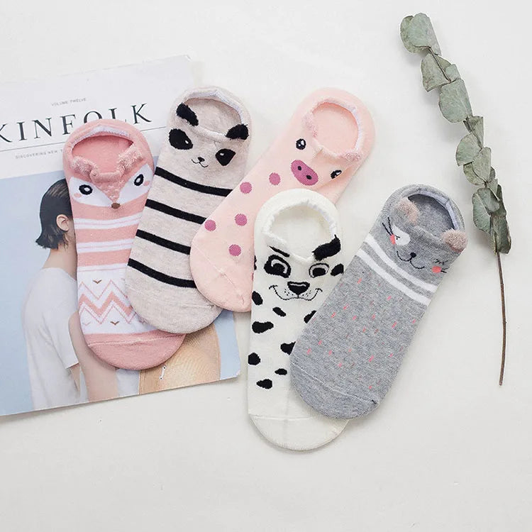 5 pairs women cotton socks stereoscopic Cute Animal Female Kawaii Cat With Dog Summer Short Socks Women Casual Soft Funny Socks