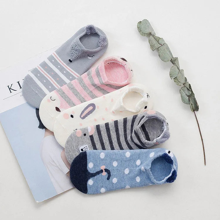 5 pairs women cotton socks stereoscopic Cute Animal Female Kawaii Cat With Dog Summer Short Socks Women Casual Soft Funny Socks