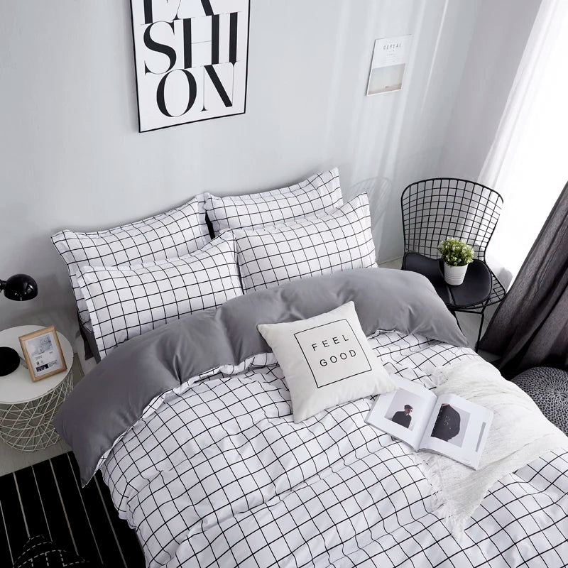 Bonenjoy Queen Size Bedding Set White Color Black Plaid Microfiber Reactive Printed King Size Bed Linen Sets For Bedroom Kit
