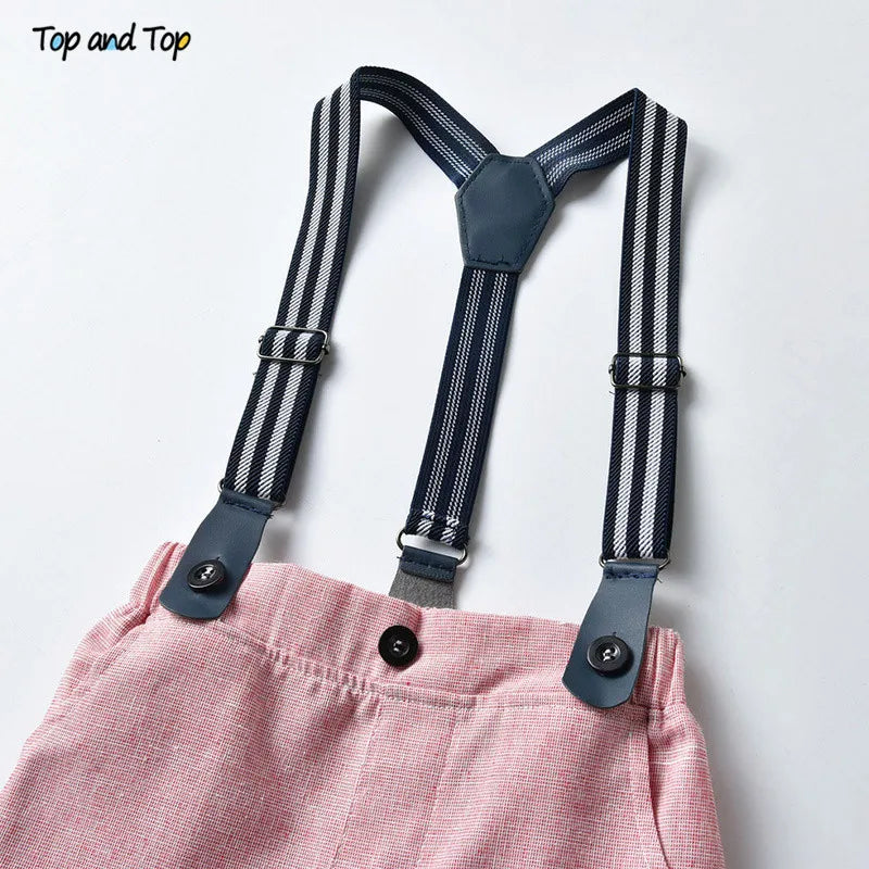 Top and Top Summer Kids Baby Boy Formal Suit Short Sleeve with Shirt+Suspender Pants Casual Clothes Outfit Gentleman Set 2PCS