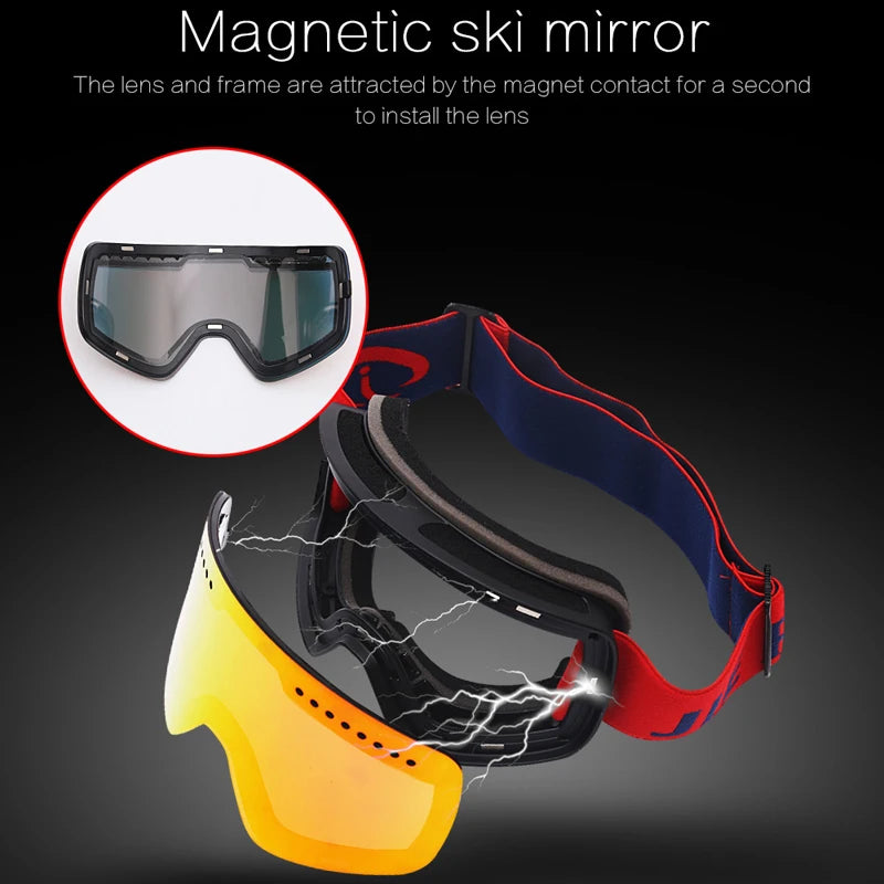 Magnetic Ski Goggles Winter Snow Sports Snowboard Goggles Anti-fog UV Protection Snowmobile Spherical Riding Skiing Eyewear Mask
