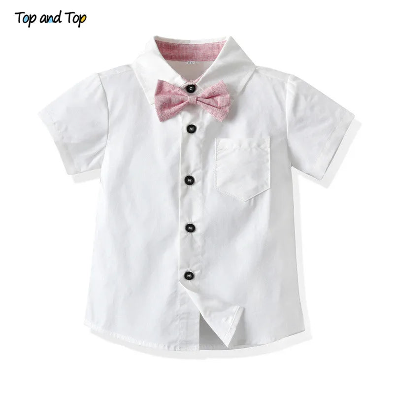 Top and Top Summer Kids Baby Boy Formal Suit Short Sleeve with Shirt+Suspender Pants Casual Clothes Outfit Gentleman Set 2PCS